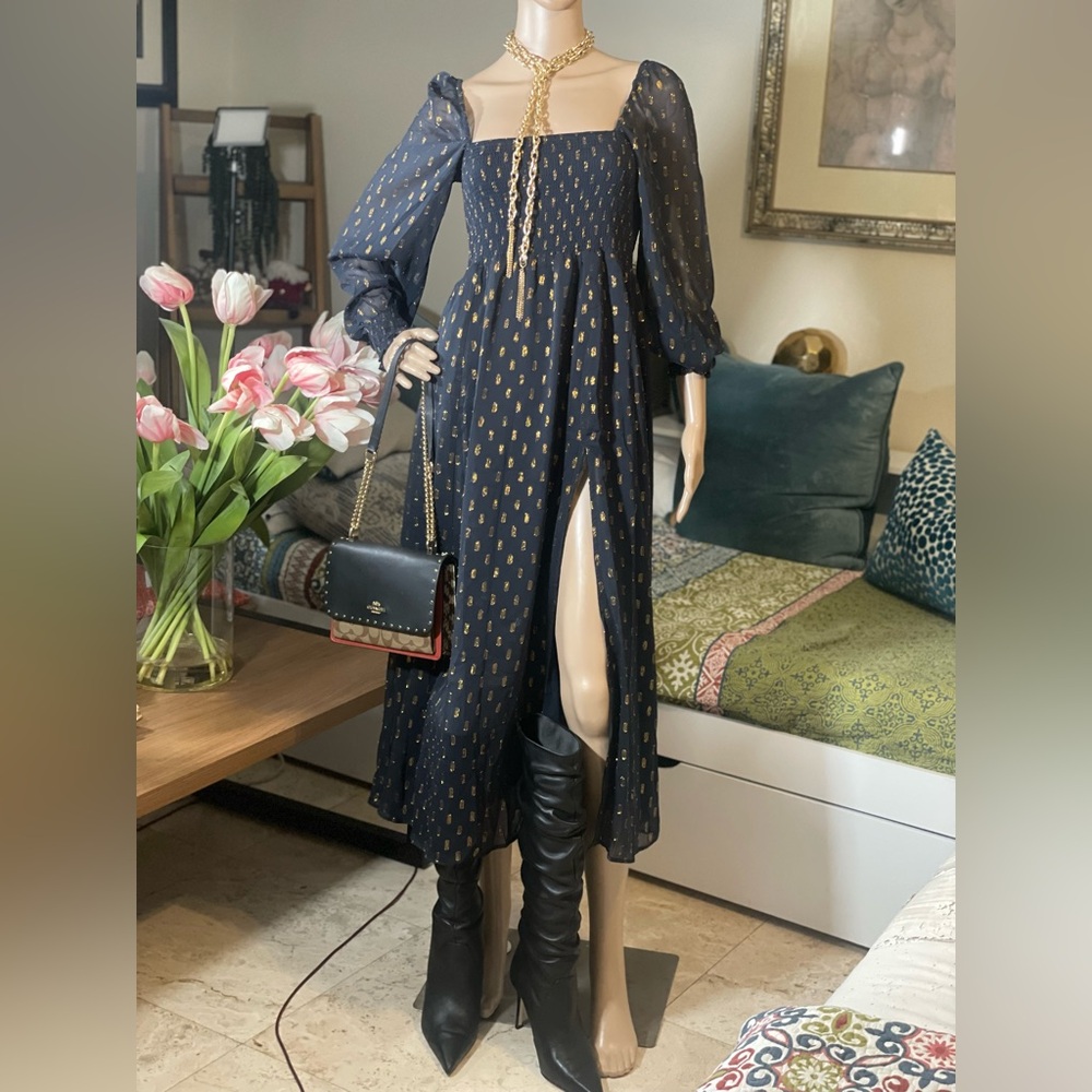 NWT o.p.t. Navy & Gold Metallic Smocked Midi Dress - Size Medium